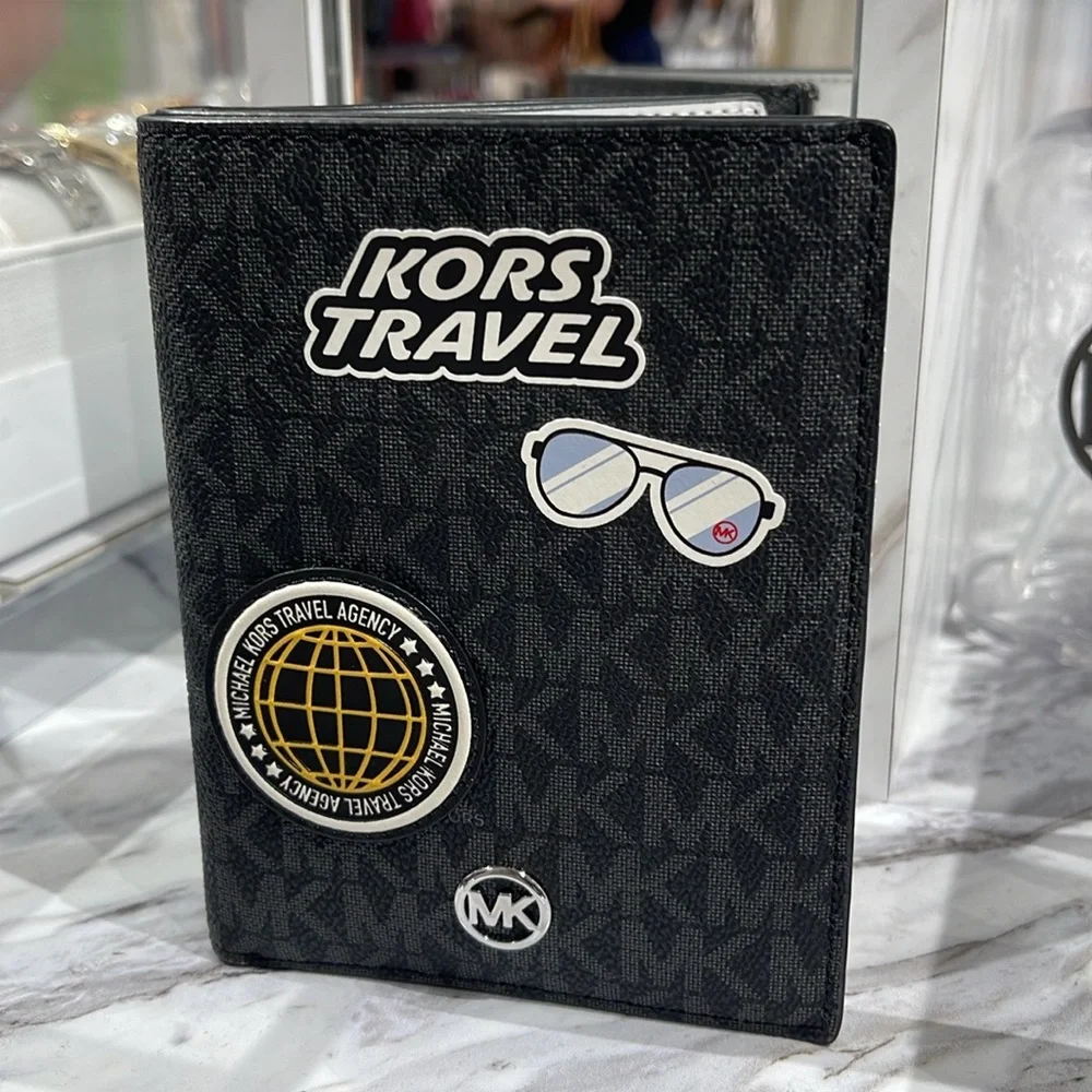 Michael Kors Jet Set Travel Md Embellished Signature Logo Passport Case Black